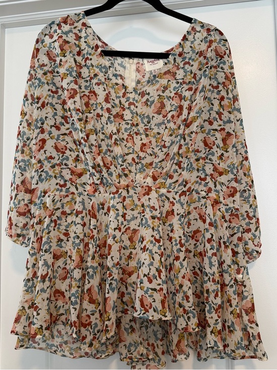 Hayden Tops - Hayden Cream Floral Peplum Blouse with Rust and Blue Accents
